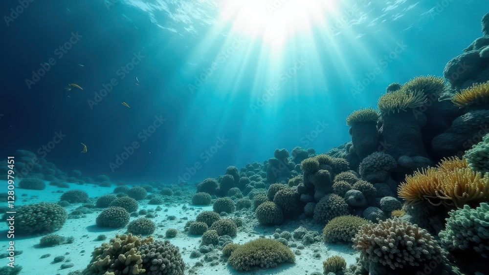 Fototapeta premium Underwater coral reef affected by bleaching with sunlight streaming through 