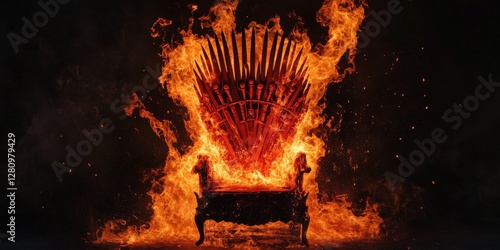 Burning Throne: A throne engulfed in flames, symbolizing power, destruction, and the consequences of ambition in a dramatic, high-contrast setting. 