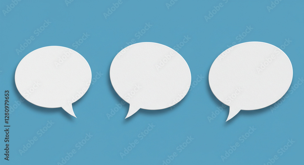 Three white speech bubbles on blue background. Empty chat message shapes for social media, communication design. Dialog template with copy space for text Three white speech bubbles on blue background. Empty chat message shapes for social media, communication design. Dialog template with copy space for text