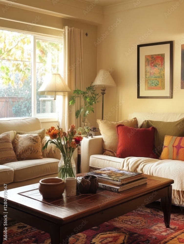 Naklejka premium The beautiful living room features a cozy atmosphere and is welcoming