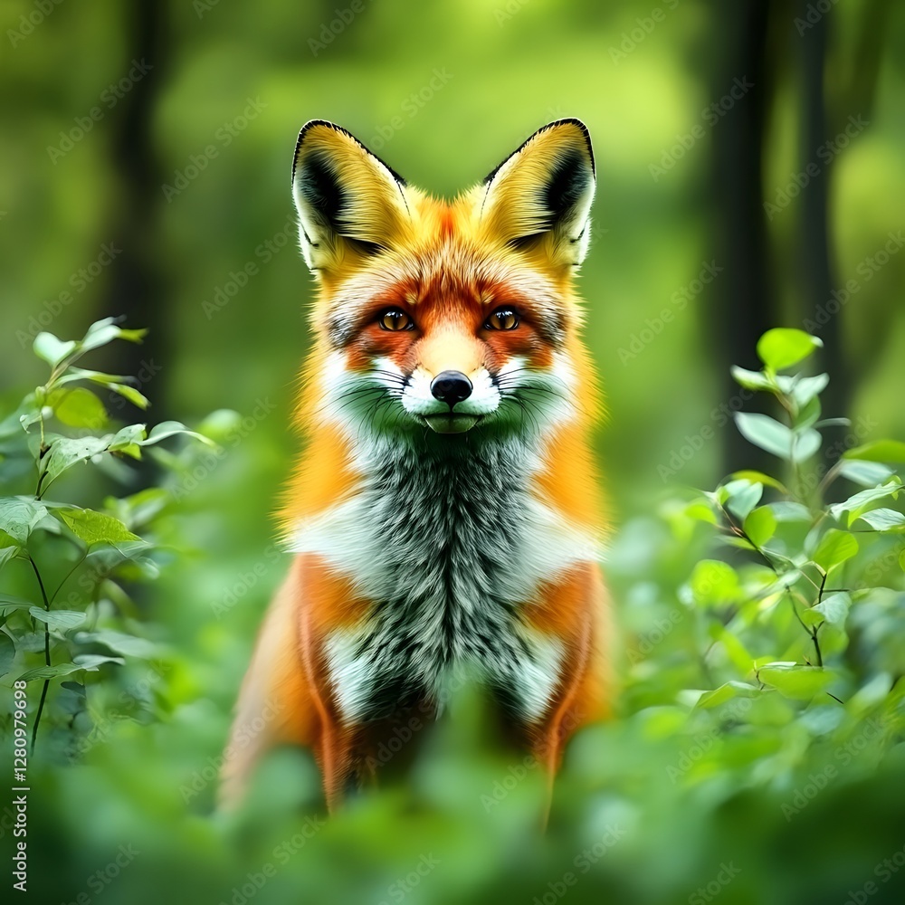 Majestic Red Fox in Lush Green Forest, Wildlife Animal Portrait Majestic Red Fox in Lush Green Forest, Wildlife Animal Portrait