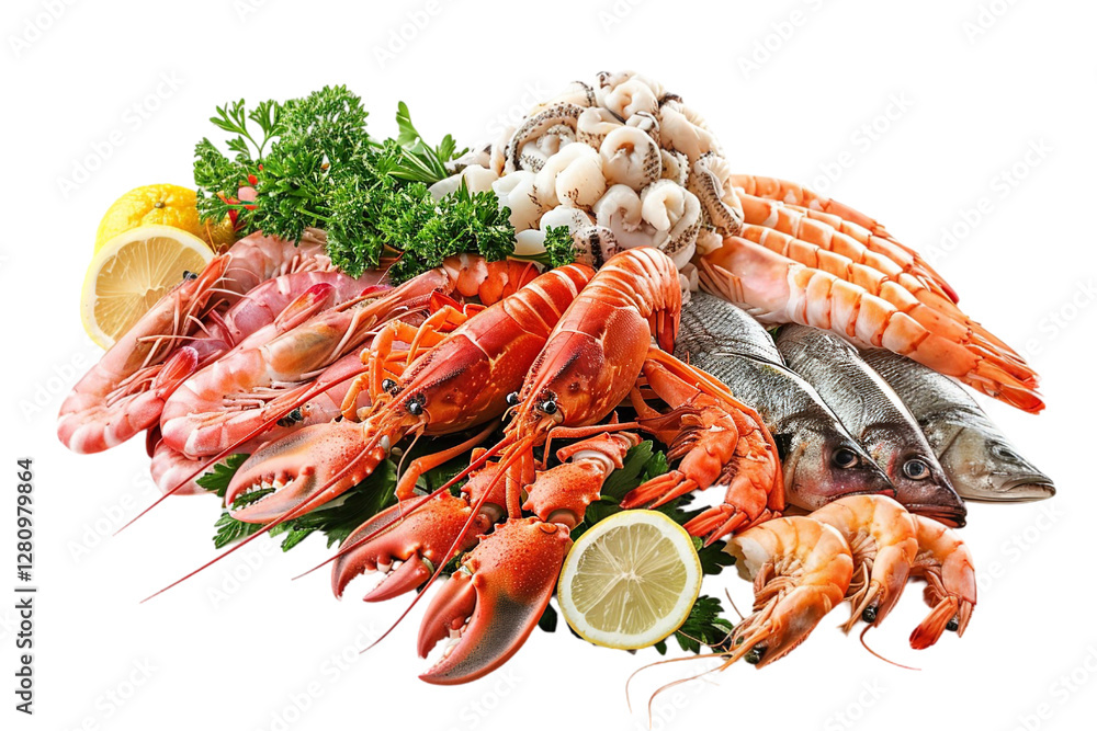 A horizontal view of pile of red shrimps isolated on a plain background or PNG for food type poster or graphic use, Generative AI. A horizontal view of pile of red shrimps isolated on a plain background or PNG for food type poster or graphic use, Generative AI.
