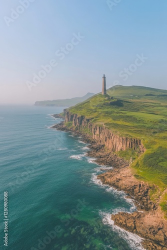 Tower stands tall over lush cliffs, meeting tranquil waters unde