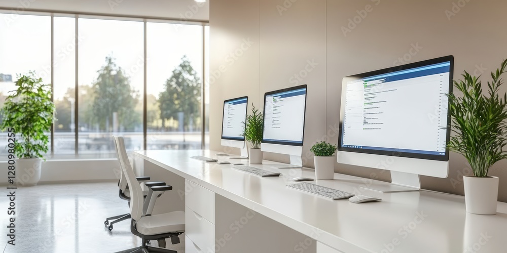 Three computer screens arranged on a modern office desk, showcasing a dynamic workspace ideal for productivity and multitasking. Three computer screens arranged on a modern office desk, showcasing a dynamic workspace ideal for productivity and multitasking.