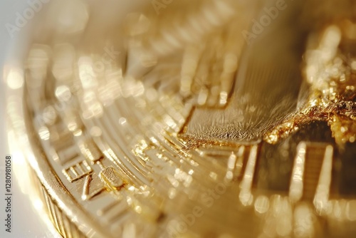 Close-up of a shiny gold cryptocurrency coin, showcasing intricate details and reflecting light beautifully.
