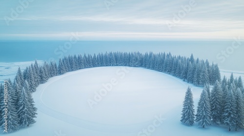 Serene winter landscape featuring circular arrangement of snow-c
