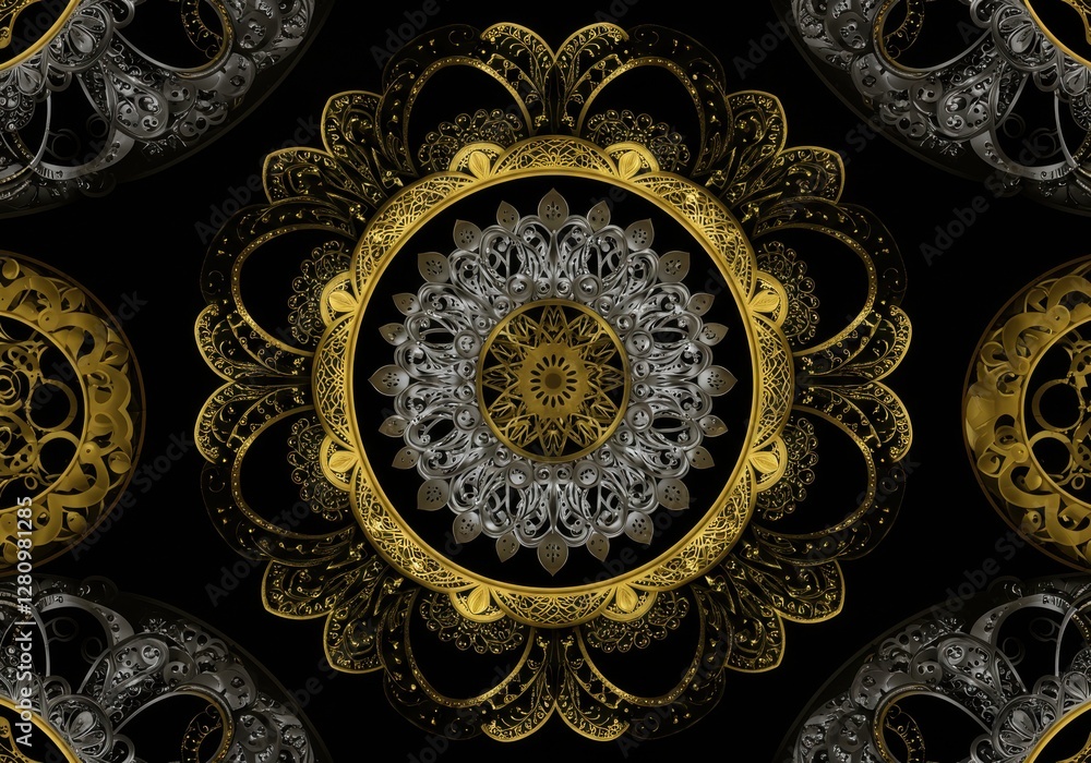 A mesmerizing intricate circular mandala pattern featuring geometric designs with gold and silver metallic textures, exuding elegance and sophistication. A mesmerizing intricate circular mandala pattern featuring geometric designs with gold and silver metallic textures, exuding elegance and sophistication.