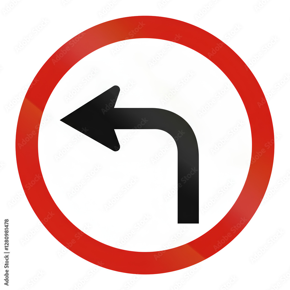 A road sign indicating a left turn ahead with a red circle and black arrow on a white background. A road sign indicating a left turn ahead with a red circle and black arrow on a white background.
