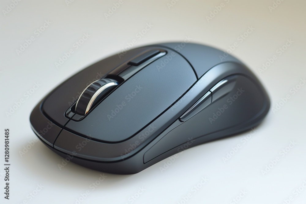 Close-up view of a sleek, modern wireless computer mouse in gray tones, showcasing its ergonomic design and precision. Close-up view of a sleek, modern wireless computer mouse in gray tones, showcasing its ergonomic design and precision.