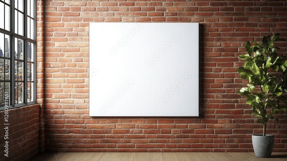 Empty Canvas in Loft: A blank canvas hangs on a rustic brick wall in a stylish loft space, with a window offering natural light and a potted plant adding a touch of greenery, ideal for artwork. Empty Canvas in Loft: A blank canvas hangs on a rustic brick wall in a stylish loft space, with a window offering natural light and a potted plant adding a touch of greenery, ideal for artwork.