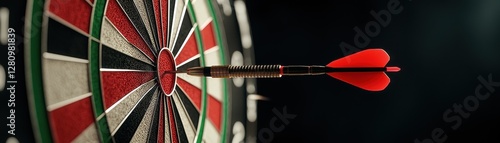 Dart striking the bullseye on a traditional dartboard at an indoor setting with dramatic lighting