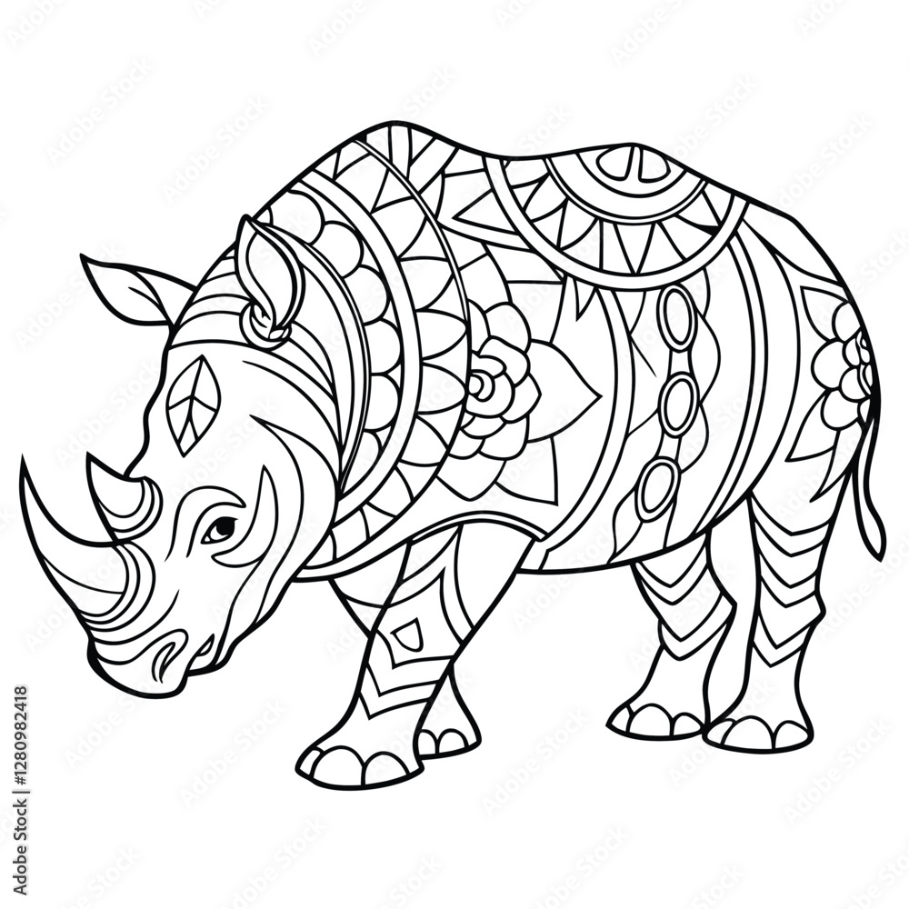Fototapeta premium Intricate Rhino Coloring Page: Detailed Zentangle Style Illustration of a Rhinoceros for Relaxation and Creative Coloring Fun