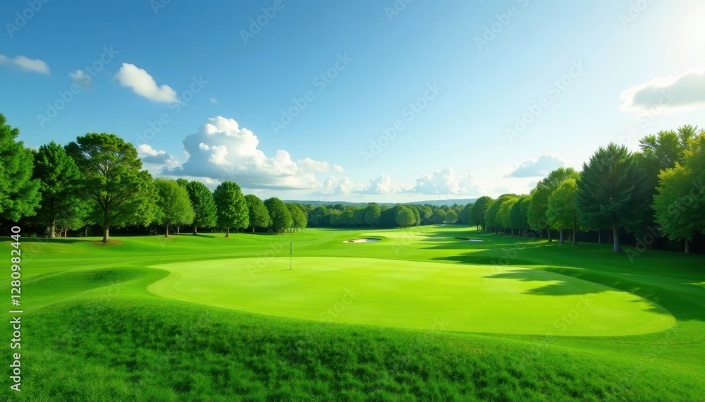 Naklejka premium Lush green golf course fairway, perfectly manicured , landscape, putting green