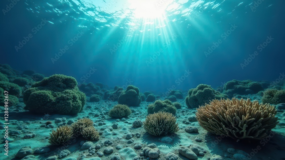 Fototapeta premium Underwater coral reef affected by bleaching with sunlight streaming through