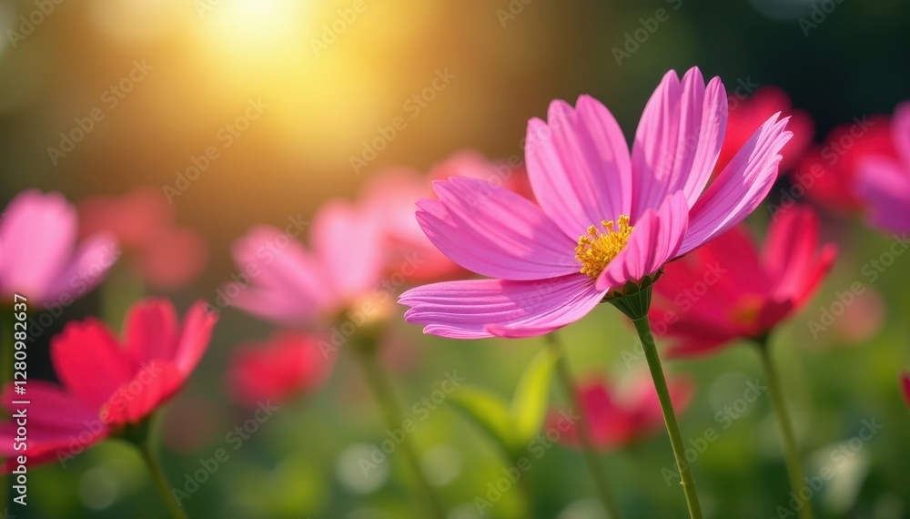 Cosmos flowers blooming in vibrant garden Sunlight illuminating delicate petals , beauty, flower, season Cosmos flowers blooming in vibrant garden Sunlight illuminating delicate petals , beauty, flower, season