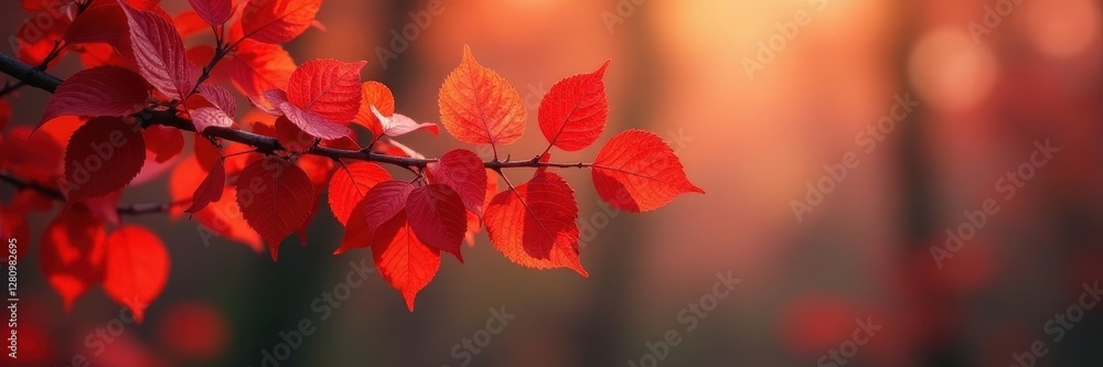 Fototapeta premium Crimson leaves densely packed on a branch, peaceful autumn scene , photography, vibrant