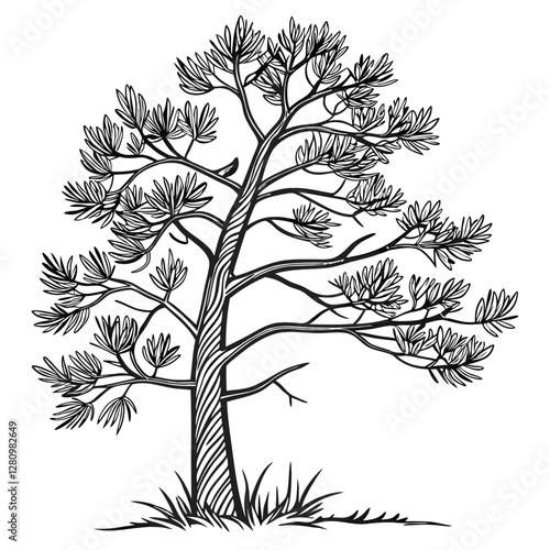 Detailed Black and White Line Art Illustration of a Pine Tree: Botanical Drawing, Nature, Forest, Evergreen, Tree Sketch