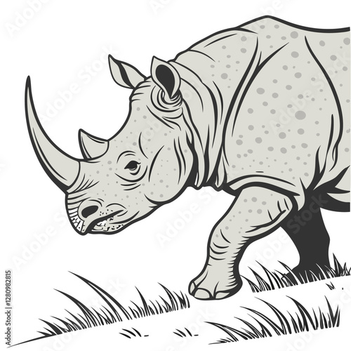 Gray Rhino Illustration: Vector Graphic of a Rhinoceros Walking in Grass, Wildlife Animal Art, Nature Drawing