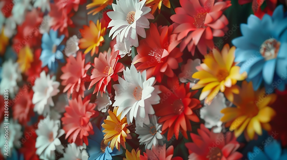 Vibrant wall decorated with a mix of red, white, blue, and yellow flowers, captured realistically in HD Vibrant wall decorated with a mix of red, white, blue, and yellow flowers, captured realistically in HD