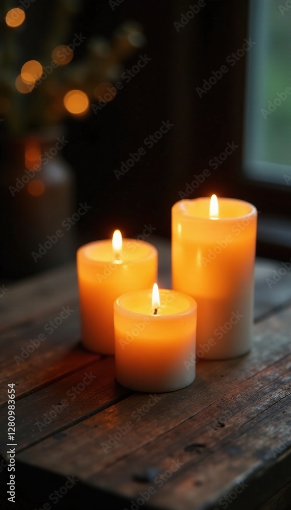 Softly glowing candles on a textured wooden table, soft light, ambiance, Softly glowing candles on a textured wooden table, soft light, ambiance,