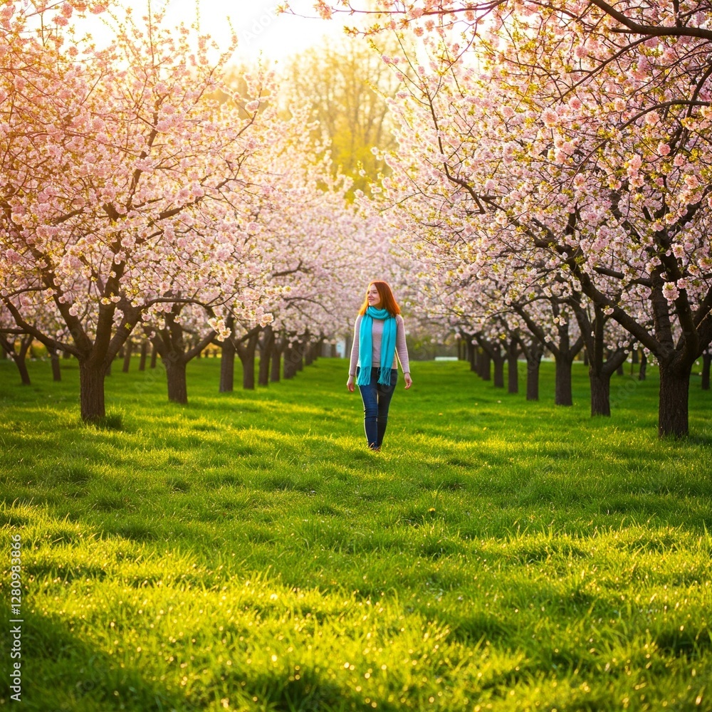 Eine Frau geht unter blühenden Bäumen im Frühling entlang Eine Frau geht unter blühenden Bäumen im Frühling entlang