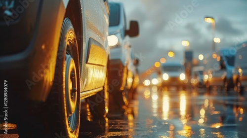 Fleet of new white delivery vans resting on wet asphalt in the logistics and transportation sector photo