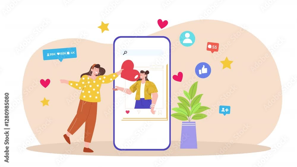 Vector scene animation illustrating how social media followers are gained, with characters creating posts, interacting with followers, and utilizing features to grow their social media presence. Vector scene animation illustrating how social media followers are gained, with characters creating posts, interacting with followers, and utilizing features to grow their social media presence.