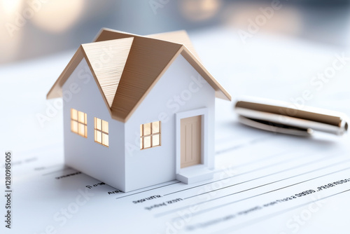 A miniature house model on a document, symbolizing real estate and homeownership.