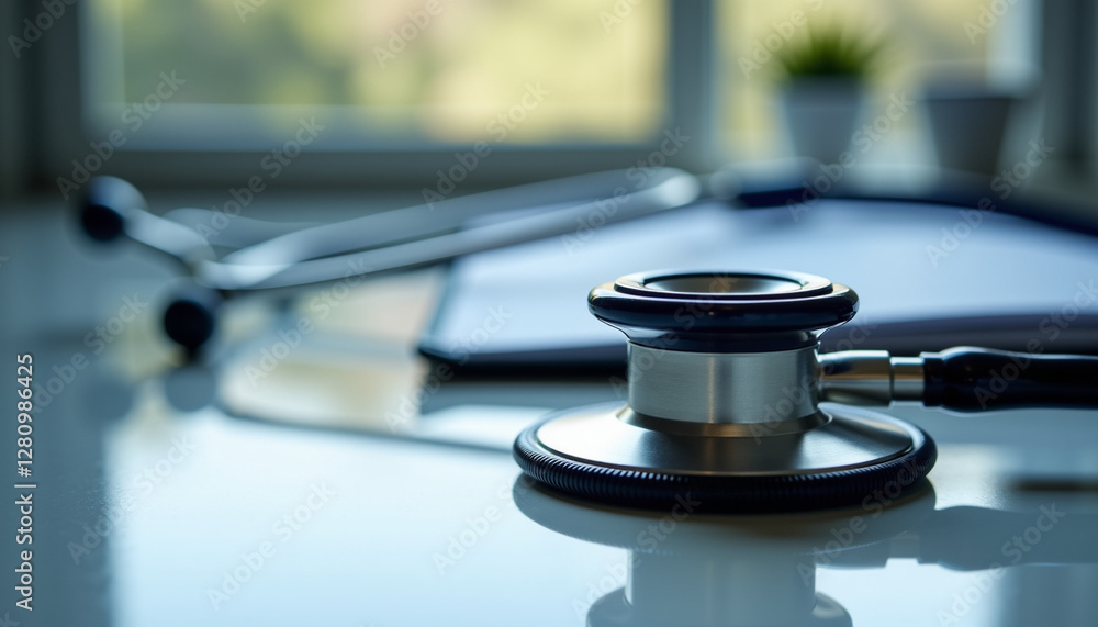 Metal stethoscope on a medical desk with documents Metal stethoscope on a medical desk with documents