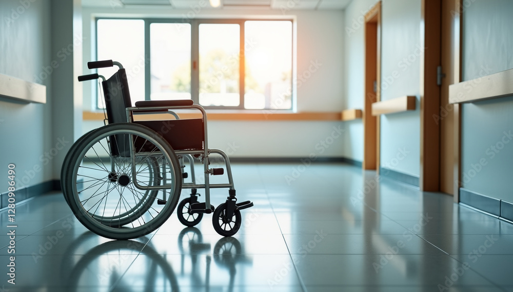 Empty wheelchair in a hospital hallway Empty wheelchair in a hospital hallway