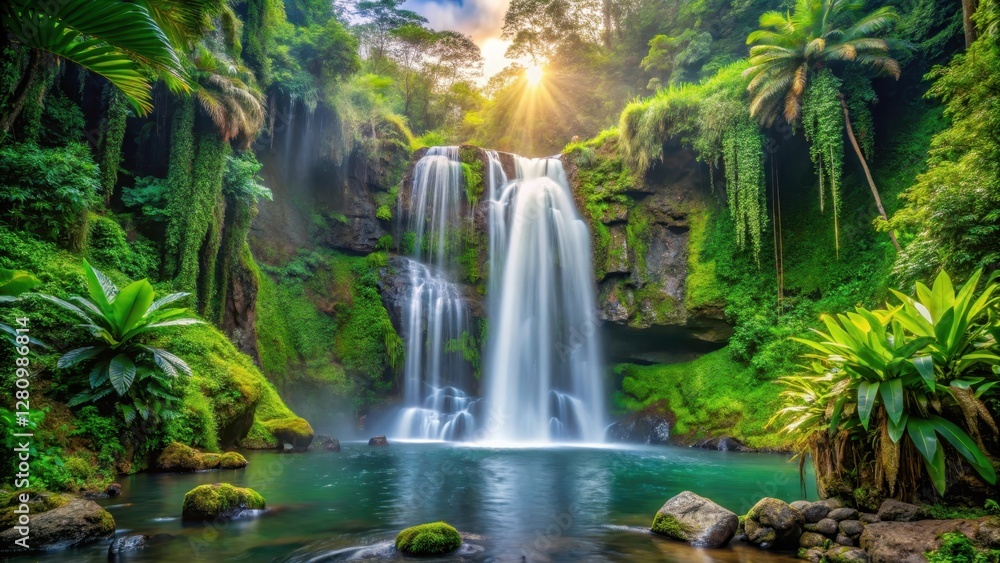 Serene natural wonder of a majestic waterfall cascading down a rocky slope amidst dense lush greenery and vibrant tropical plants , serene atmosphere, focal point Serene natural wonder of a majestic waterfall cascading down a rocky slope amidst dense lush greenery and vibrant tropical plants , serene atmosphere, focal point