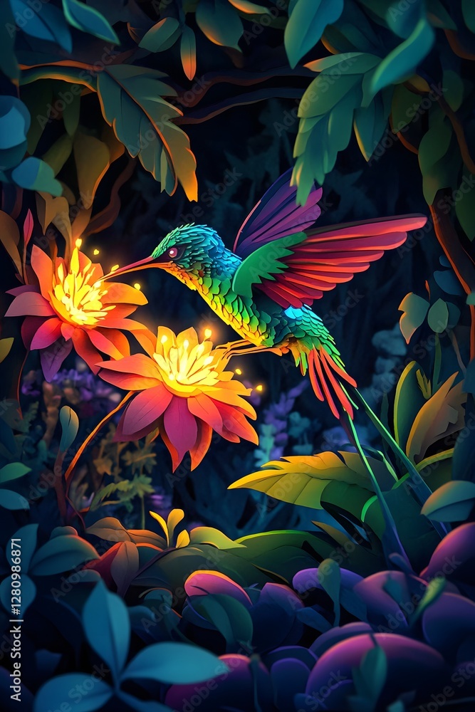 Fototapeta premium Colorful Hummingbird Interacting with Vibrant Flowers in Nature