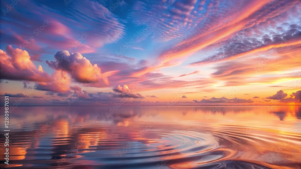 Obraz premium Soft pink clouds with gentle ripples in the sky at sunset, creating a peaceful atmosphere