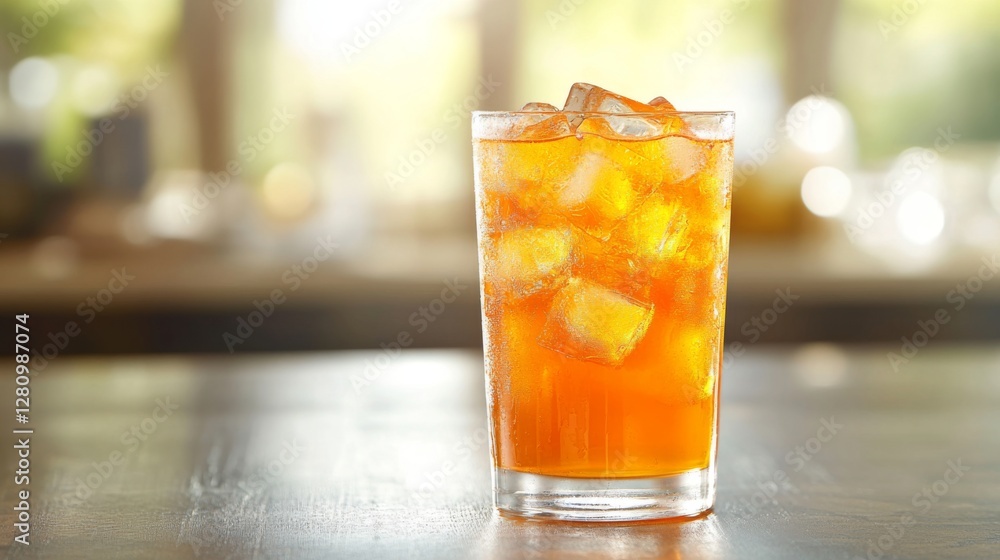 Refreshing iced tea glass with ice cubes on wooden table in sunlit room Refreshing iced tea glass with ice cubes on wooden table in sunlit room