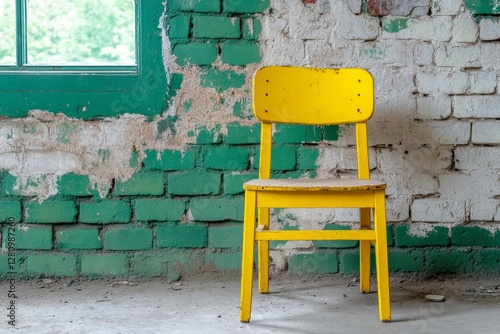 Exploring abandoned spaces a solitary chair by the window in a deteriorating room atmospheric interior dark and dusty environment captured from a ground-level angle evoking feelings of isolation photo