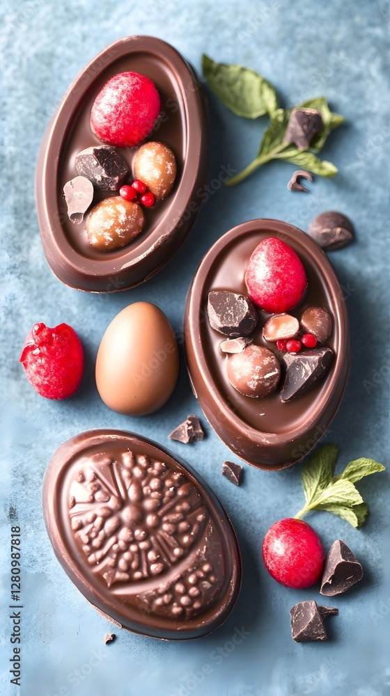Delicious Chocolate Easter Eggs with Candies and Mint Delicious Chocolate Easter Eggs with Candies and Mint