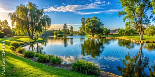 Sunny day at Eastlake Park with a serene lake and lush greenery, Sunny Day, Landscape,  Sunny Day