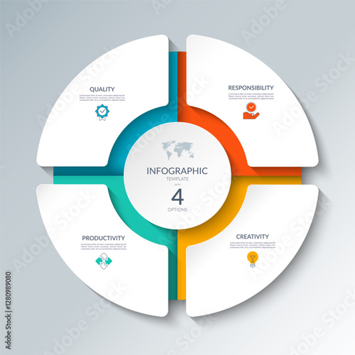 Infographic circular diagram with 4 options. Round chart that can be used for business presentations, educational resources, marketing materials, visualizing data, simplifying complex information.