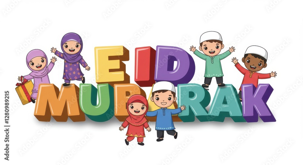 A vibrant 3D text design displaying EID MUBARAK in bold, colorful letters, exuding joy and festivity. A vibrant 3D text design displaying EID MUBARAK in bold, colorful letters, exuding joy and festivity.
