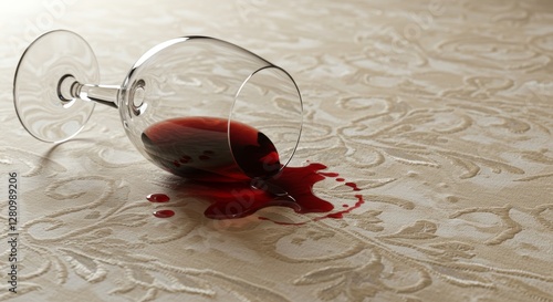 Accidental spill of vibrant red wine on an ornate table setting disaster photo