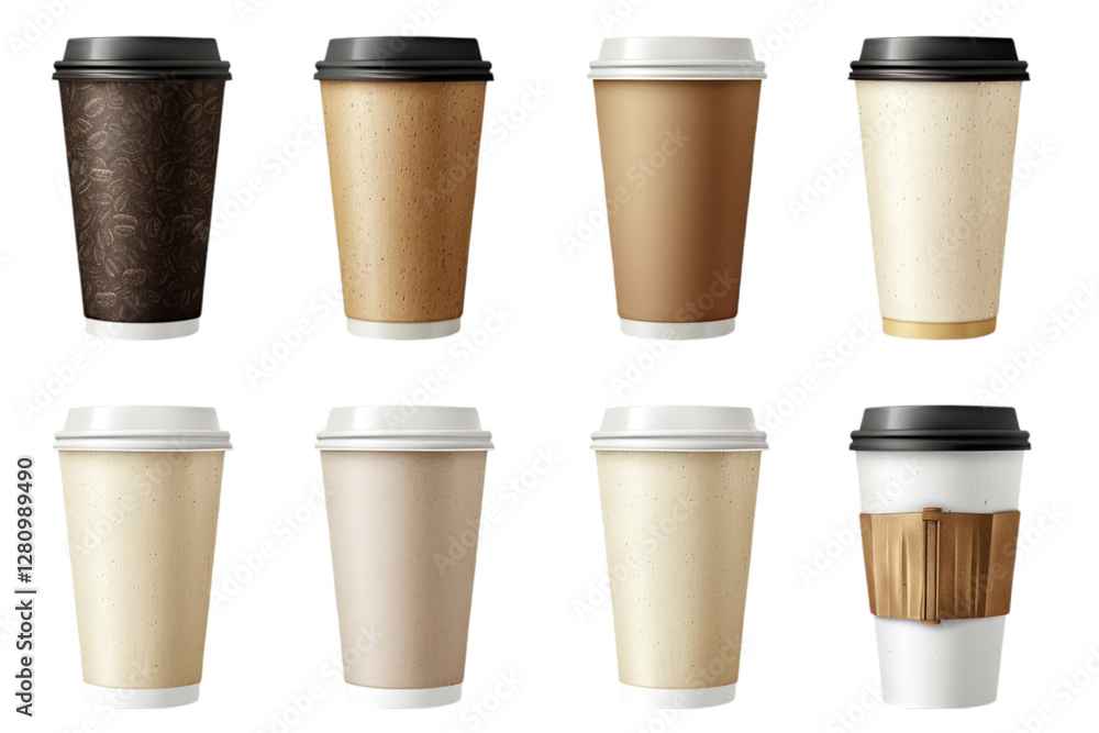 A set of a paper and cardboard coffee cup over plain transparent backdrop or PNG for beauty product type poster or graphic use, Generative AI. A set of a paper and cardboard coffee cup over plain transparent backdrop or PNG for beauty product type poster or graphic use, Generative AI.