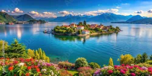 Panoramic view of Borromee islands on Lago Maggiore with lush greenery and vibrant flowers, water, Italy