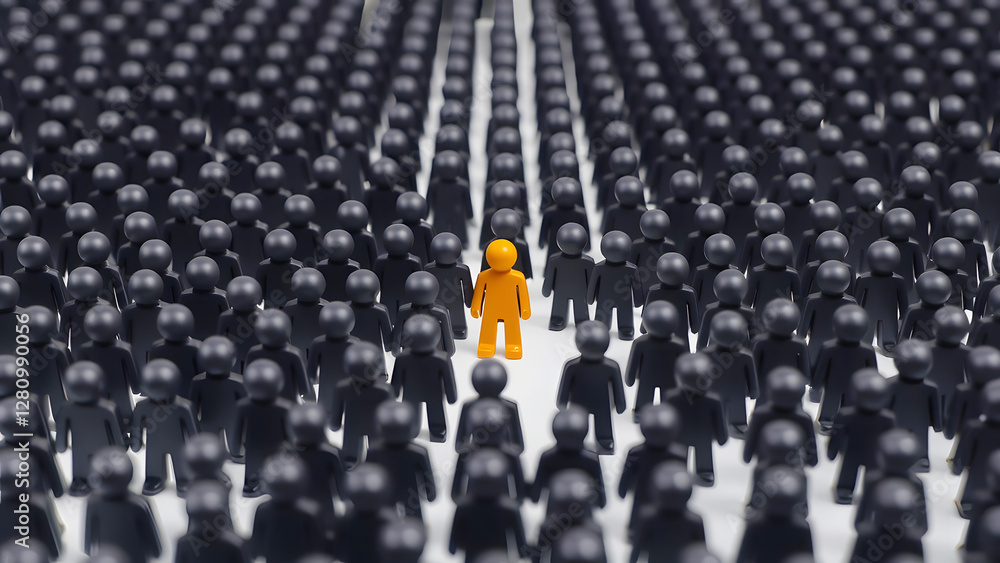 Fototapeta premium Single person standing out in a crowd representing individuality, leadership, uniqueness, and independence in modern society