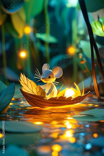 Charming Paper Mouse in Leaf Boat Surrounded by Enchanted Forest
