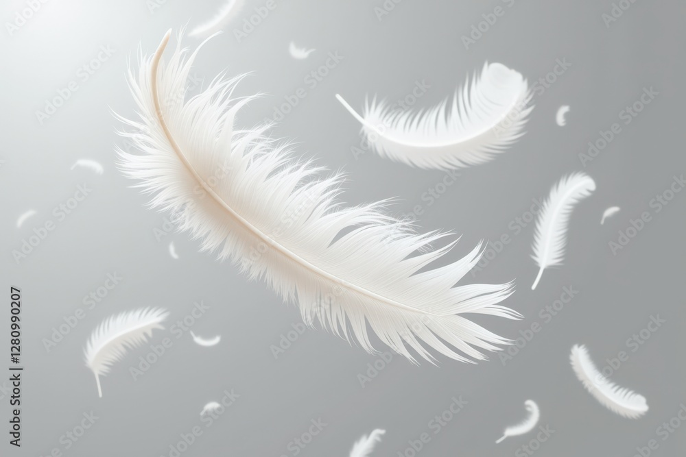 Fototapeta premium Gentle White Feathers Adrift in Soft Gray Background Creating a Serene, Ethereal Atmosphere of Tranquility and Lightness