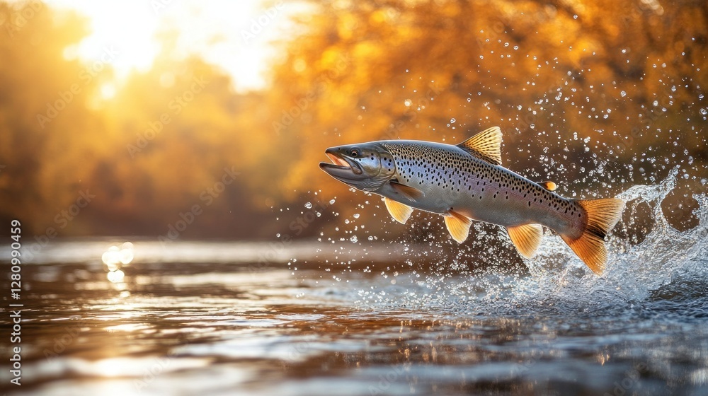Fototapeta premium Autumn Trout Jump in Sparkling River