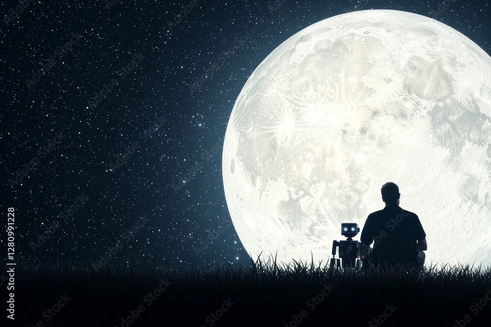 In a futuristic setting, a man and his robot friend are seen looking up at the moon, a stock image In a futuristic setting, a man and his robot friend are seen looking up at the moon, a stock image