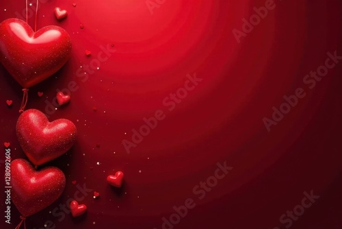 Dark red background, large and small hearts, glitter overlay, graphics, valentines