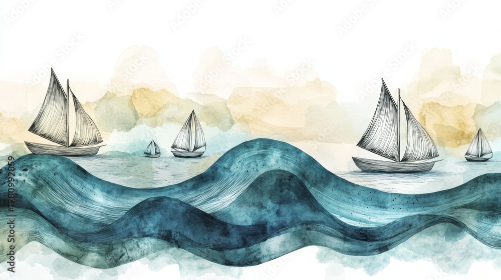 Serene Watercolor Seascape with Sailing Boats and Gentle Waves Serene Watercolor Seascape with Sailing Boats and Gentle Waves