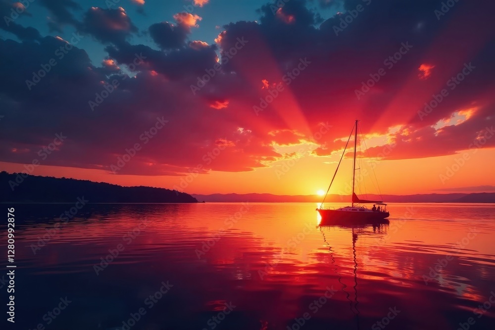 Fiery sunset paints Balaton's sky, lone boat gently floats, evening, atmosphere Fiery sunset paints Balaton's sky, lone boat gently floats, evening, atmosphere